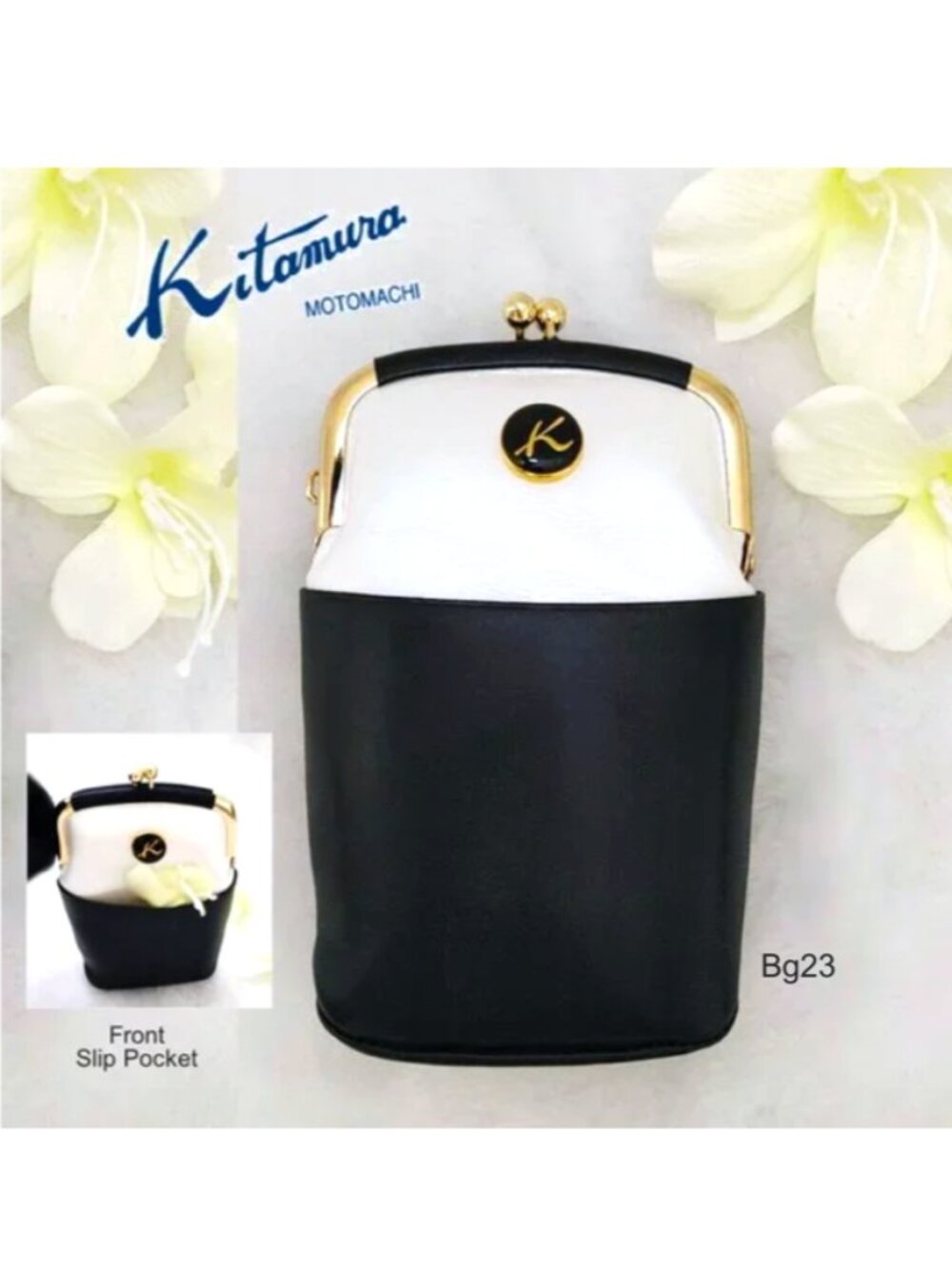 KITAMURA Japan Mini Wallet Bag GenuineLeather Pearlized Ivory Blue Gold Kisslock